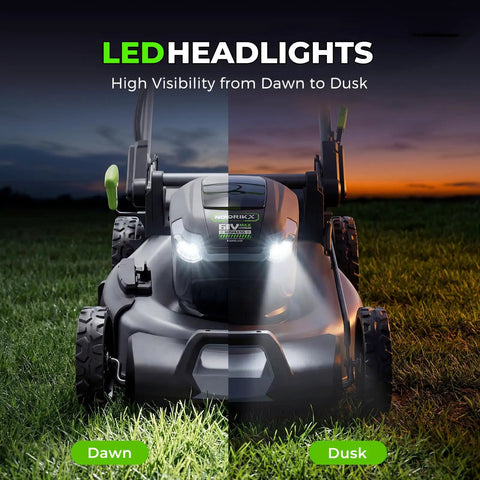 60V Brushless Cordless Self Propelled Lawn Mower With 21 Inch Deck 5Ah Battery LED Headlight Rapid Charger 3 In 1 Versatility For Large Yards Quiet Power Low Maintenance Durable Lawn Care Machine, front view at dawn and dusk