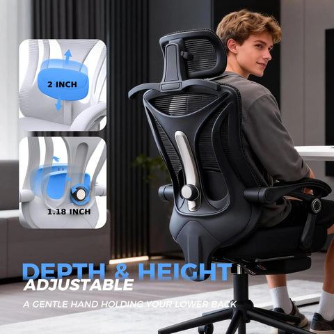 Ergonomic Office Chair With Footrest For Long Workdays And Gaming, Adjustable Lumbar Support And Headrest, mesh back view