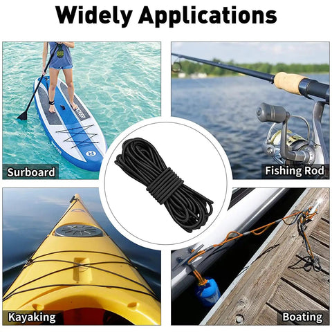 Elastic Cord One Eighth Inch Three Millimeter Heavy Duty Stretch Rope Ten Yards Ten Pack With Plastic Spring Locks For Sewing Crafting And DIY Projects Built To Last Waterproof Nylon Sleeve Black shown in various applications like kayaking, boating, and fishing rod securing.