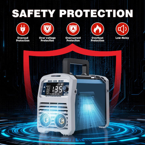 135A 110V Mini Stick Welder and Lift TIG 2 in 1 Portable Welding Machine with safety features display.