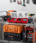6 Pack Screw Organizer Storage Bins With Lids on a garage shelf filled with screws and bolts, stackable with compartments