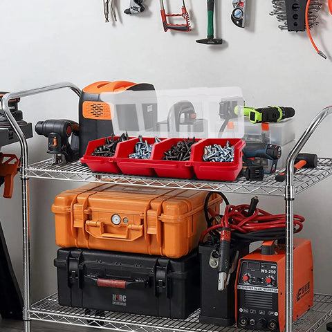 6 Pack Screw Organizer Storage Bins With Lids on a garage shelf filled with screws and bolts, stackable with compartments