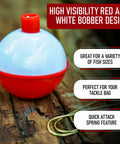 Ultimate Fishing Bobber Assortment Pack With Snap On Style Red And White Bobbers large visible with text highlights