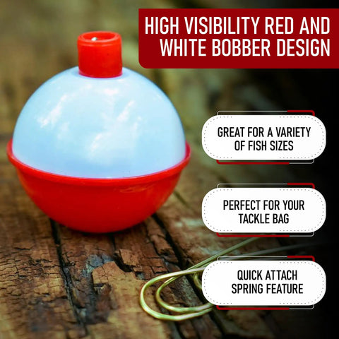 Ultimate Fishing Bobber Assortment Pack With Snap On Style Red And White Bobbers large visible with text highlights