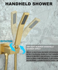 3 gold handheld shower heads on wall mount displaying rotation feature, part of Wall Mounted Shower System With 10 Setting High Pressure Handheld Shower Head And 10 Inch Rain Shower Head Balance Valve And Trim Kit Polished Chrome Spa Like Shower Experience With Easy Adjustable Settings.