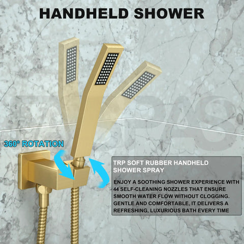 3 gold handheld shower heads on wall mount displaying rotation feature, part of Wall Mounted Shower System With 10 Setting High Pressure Handheld Shower Head And 10 Inch Rain Shower Head Balance Valve And Trim Kit Polished Chrome Spa Like Shower Experience With Easy Adjustable Settings.