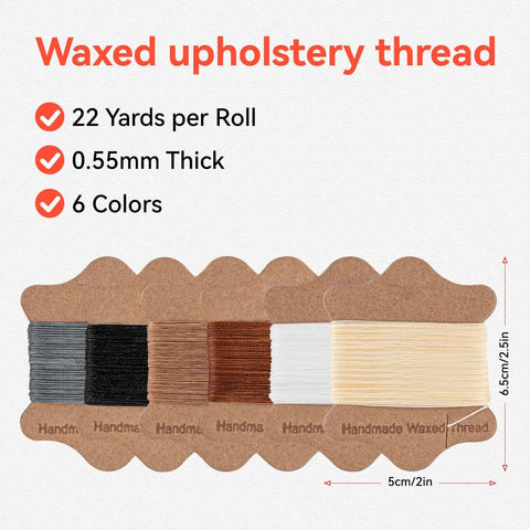 Waxed thread spools in 6 colors, 22 yards each, for leather upholstery, part of Pro Grade Leather Sewing Kit With Waxed Thread, 22 Pcs.