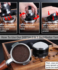Top Shelf 58mm Espresso Distributor And Tamper Set in use, showing steps to level and tamp coffee grounds.