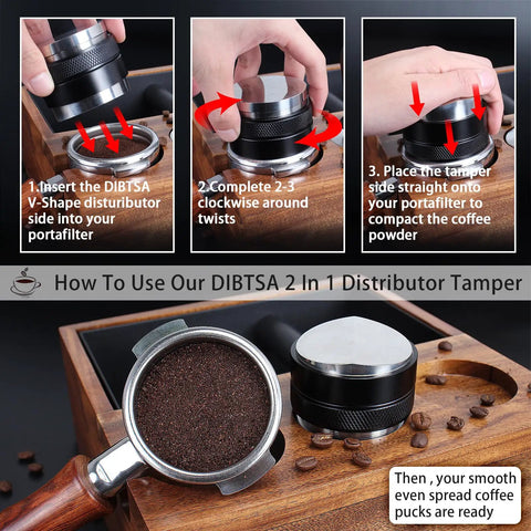 Top Shelf 58mm Espresso Distributor And Tamper Set in use, showing steps to level and tamp coffee grounds.