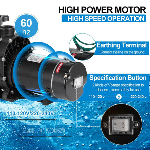 Kickass 2 Horsepower Pool Pump With Savage Six Thousand Eight Hundred Gallon Per Hour Flow and Self Priming Tech showing high power motor features.