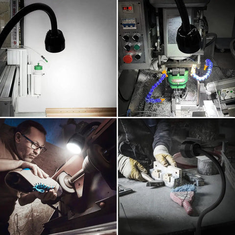 Industrial LED Machine Light With 360 Degree Gooseneck, IP66 Waterproof 1400 Lumens, mounted on heavy machinery for task lighting.