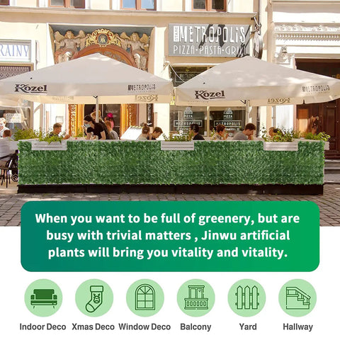 Artificial Ivy Privacy Fence Screen 39.4x118 Inches adorns outdoor café seating area, providing greenery and privacy with Sweet Potato Leaf print.