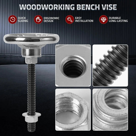 Moxon Vise Hardware Kit With Acme Threaded Rod System components including hand wheel, screw, and nut for woodworking use