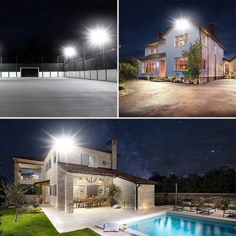 Outdoor 150W LED Flood Light With Dusk To Dawn Photocell illuminating various large outdoor areas at night
