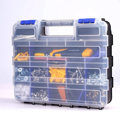 Double Sided 34 Compartment Small Parts Storage Case With Removable Dividers For Screws Nuts Bolts Nails And Tiny Hardware Heavy Duty Tool Organizer For DIYers Everywhere front view showing transparent compartments with assorted hardware inside.