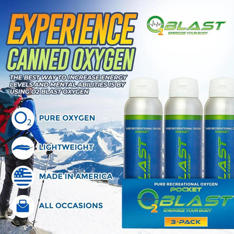 Pure Oxygen Canister For Quick Recovery And Sharp Focus, 4L Portable Oxygen, 3 Pack displayed with mountain hiking imagery