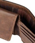 Close-up of RFID Slim Bifold Wallet With ID Window Leather Dark Tan For Men Card Holder With 6 Card Pockets Currency Pocket