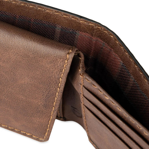 Close-up of RFID Slim Bifold Wallet With ID Window Leather Dark Tan For Men Card Holder With 6 Card Pockets Currency Pocket
