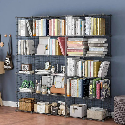 Sturdy 14 By 14 Inch Wire Cube Storage Organizer With 25 Cube Modular Shelving Unit in living room with books and decor