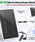 10W 12V solar car battery charger maintainer with DC plug, suction cups, sealing solar panel, for rechargeable batteries.