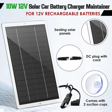 10W 12V solar car battery charger maintainer with DC plug, suction cups, sealing solar panel, for rechargeable batteries.
