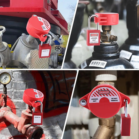 Heavy Duty Gate Valve Lockout Set With Keyed Alike Safety Padlocks installed on various valves, outdoor use, set of 2