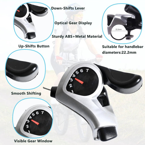 Close-up of 7 Speed Thumb Shifter Set For Bikes, Left 3 Speed Front And Right 7 Speed Rear, TX50-7 Lever Pair details and features.