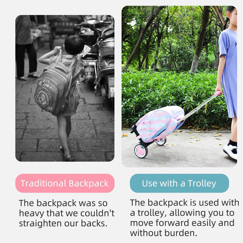 Comparison of traditional backpack use and Foldable Aluminum Backpack Trolley Cart With Stair Climbing Wheels in pink.