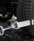 Complete Axle Strap Tie Down Kit With Snap Hook Ratchet Straps Silver Series webbing securing tire on flatbed
