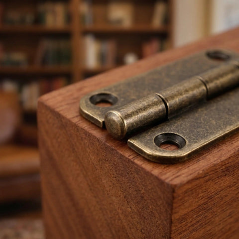 Close-up of Antique Bronze Iron Folding Cabinet Hinges 1.5 Inch, four-hole structure with rounded corner on wood