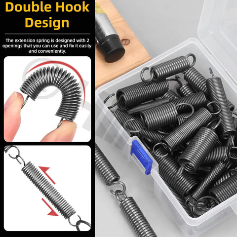36 Piece Extension Spring Set In 12 Sizes Carbon Steel Small Springs for furniture mechanisms in storage box with double hook design.
