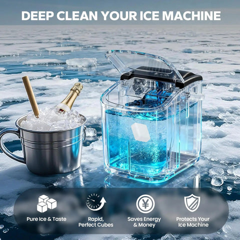 Ice Maker Cleaner Tablets 36 Pack Nugget Ice Machine Descaler For Countertop with ice bucket on frozen lake background