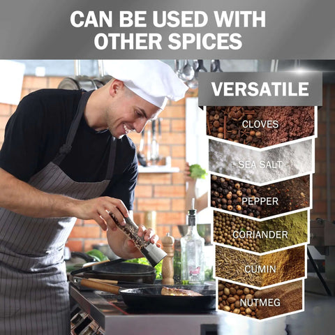 Chef using Stainless Steel Salt And Pepper Grinder Set Of 2 With Adjustable Ceramic Mills in a kitchen, versatile spice options