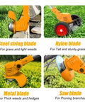 Cordless Weed Eater 3 in 1 Trimmer Brush Cutter Edger With Wheels showing steel, nylon, metal, and saw blades on grass
