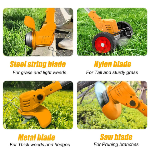 Cordless Weed Eater 3 in 1 Trimmer Brush Cutter Edger With Wheels showing steel, nylon, metal, and saw blades on grass