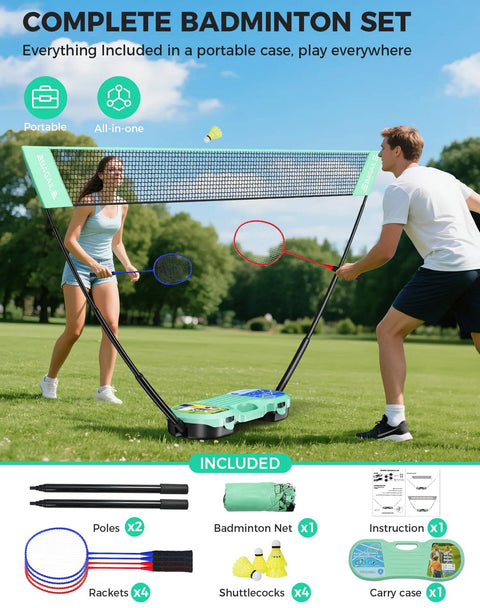 Portable Badminton Net Set With Pop Up Design, Complete 4 Racket Pack With Shuttlecocks And Carry Case in use outdoors