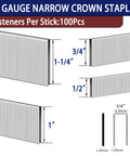 Assorted 18 Gauge Narrow Crown Staples For Nail Guns And Staplers, Four Sizes One Half Inch, Three Quarter Inch, One Inch, One And One Quarter Inch, 2400 Pack, Galvanized Rust Resistant Finish, Compatible With 18 Gauge Pneumatic And Electric Staplers. Illustrated with size dimensions.