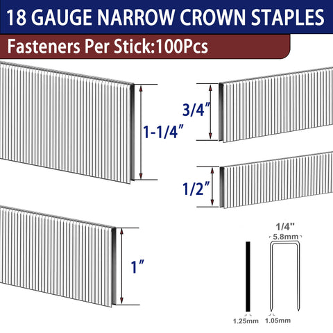 Assorted 18 Gauge Narrow Crown Staples For Nail Guns And Staplers, Four Sizes One Half Inch, Three Quarter Inch, One Inch, One And One Quarter Inch, 2400 Pack, Galvanized Rust Resistant Finish, Compatible With 18 Gauge Pneumatic And Electric Staplers. Illustrated with size dimensions.