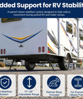 Bounce Killer RV I Beam Stabilizer Jack Cross Frame Ratchet Mount shown on a trailer with adjustable range of 17 to 35 inches.