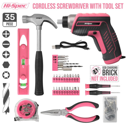Pink 35 Piece Cordless Tool Kit With 3.6V USB Electric Screwdriver Set For Women, Lightweight Home Repair Kit shown with tools.