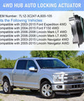 Two Pack Auto Locking Hub Actuators with Ford F150 in background, direct replacement for 4x4 trucks and SUVs, OEM 7L1Z-3C247-A 600-105