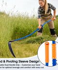 Woman using 20 Inch Sickle Tool With Curved Stainless Steel Pole, Adjustable Dual Hand Grip, Pro Grade Blade in field.