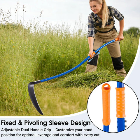 Woman using 20 Inch Sickle Tool With Curved Stainless Steel Pole, Adjustable Dual Hand Grip, Pro Grade Blade in field.