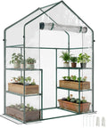 Walk-In Portable Greenhouse Kit 5x2.5x6.5 Feet With Roll-Up Door featuring three-tier shelves and clear cover for plants.