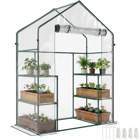 Walk-In Portable Greenhouse Kit 5x2.5x6.5 Feet With Roll-Up Door featuring three-tier shelves and clear cover for plants.