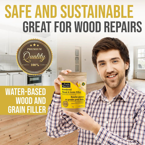 No Drama Wood Filler Powder For Straight Shooting Grain Repair And Total Game Changing White Oak Tintable Mix With Water To Crush Shrinking And Cracking 150 Gram Pack held by smiling man in a renovated kitchen.