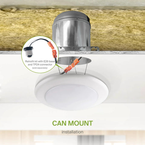 Slick 12 Pack Led Disk Lights 6 Inch Flush Mount Ceiling Fixtures With 5Cct Adjustable Color Tuning And CRI90 Plus Rich Natural Illumination Zero Hassle Setup installation showing E26 base and TP24 connector.