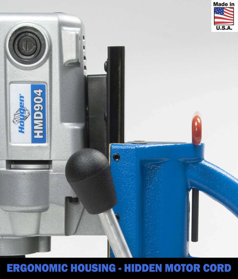 Hougen HMD904S 115-Volt swivel-base magnetic drill, blue frame, side view with black handle