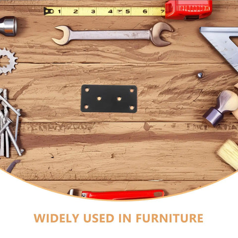 Six Piece Stainless Steel Flat Joining Plates With Screws For Wood Furniture Repair On Wooden Surface With Tools