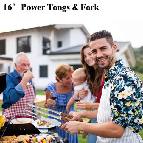 Man using 27 Piece Heavy Duty Grilling Tools Set for Men Fathers Day Gift Dad Approved Stainless Steel BBQ Utensils Kit.